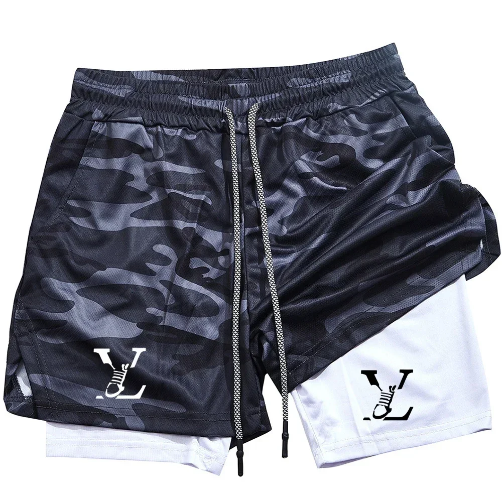 

Printed double-layer shorts men's summer gym fitness running training breathable 2-in-1 sports and leisure