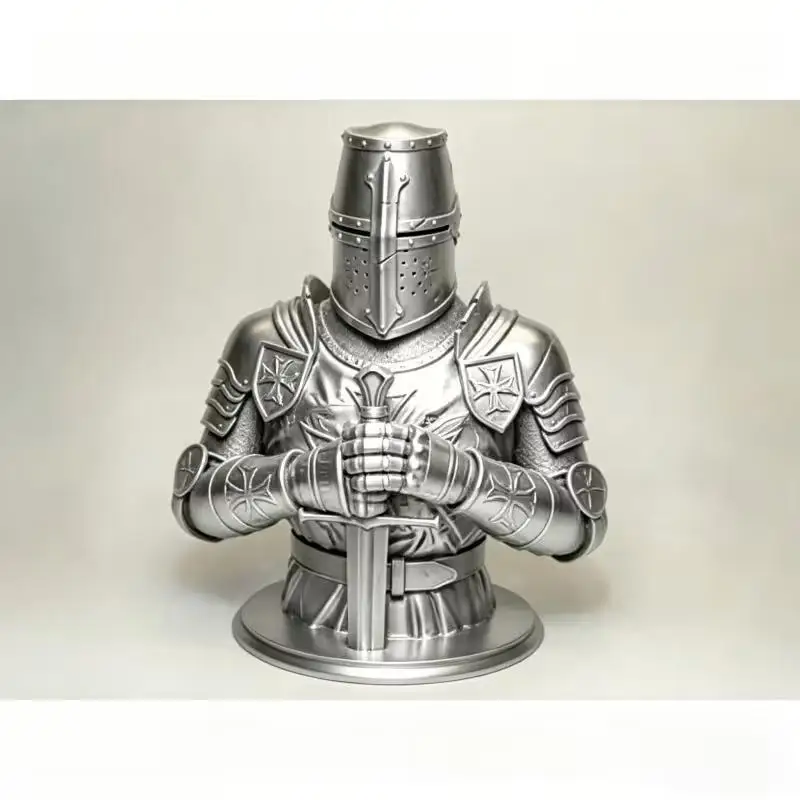 3D Printed Silver Templar Knight Bust Statue Gothic Sculpture Historical Ornament for Desktop Home Decor Collectible Gift view 4