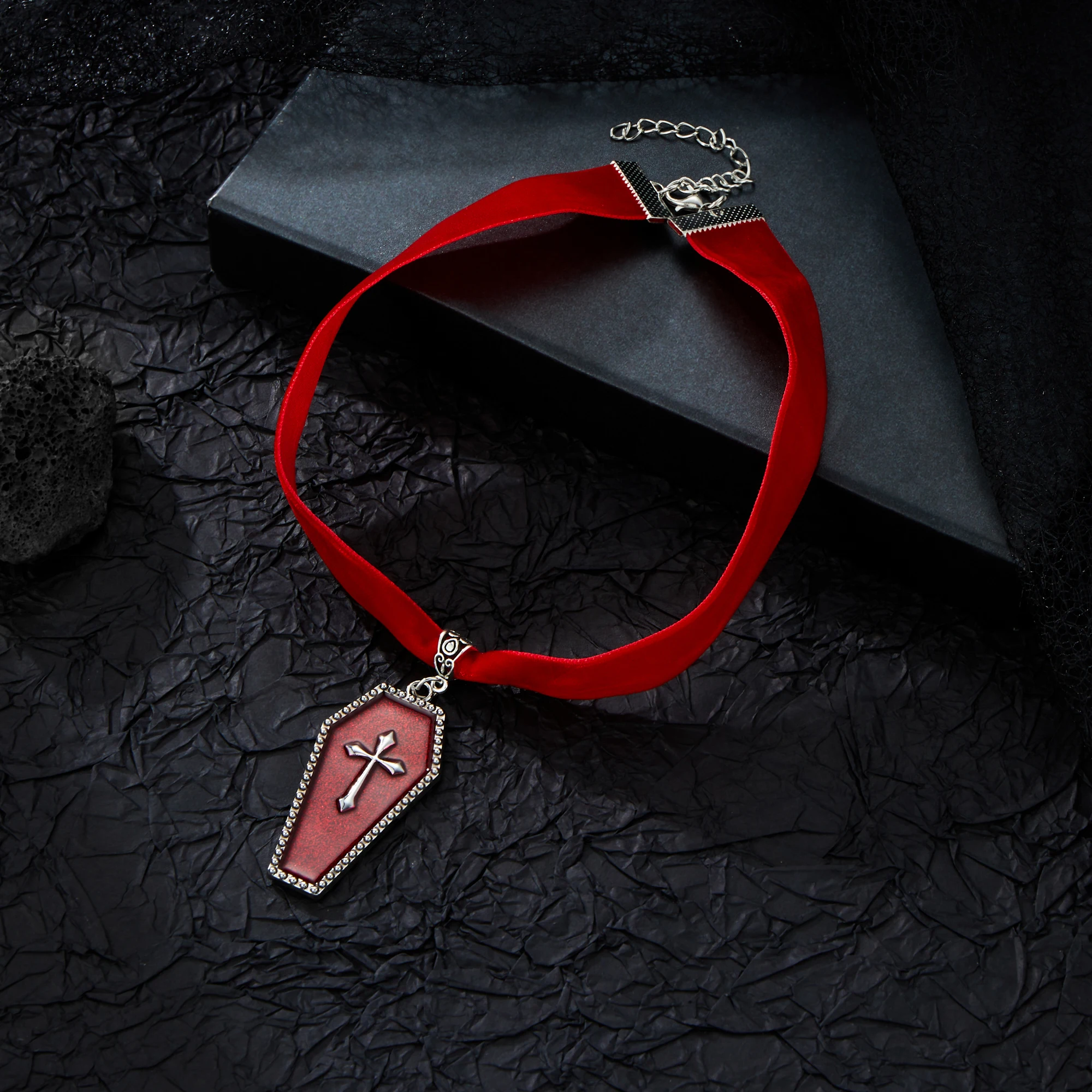 Dark Gothic Retro Two-Color Death Cross Red Blood Coffin Pendant Velvet Necklace Women's Halloween Party Jewelry Gift