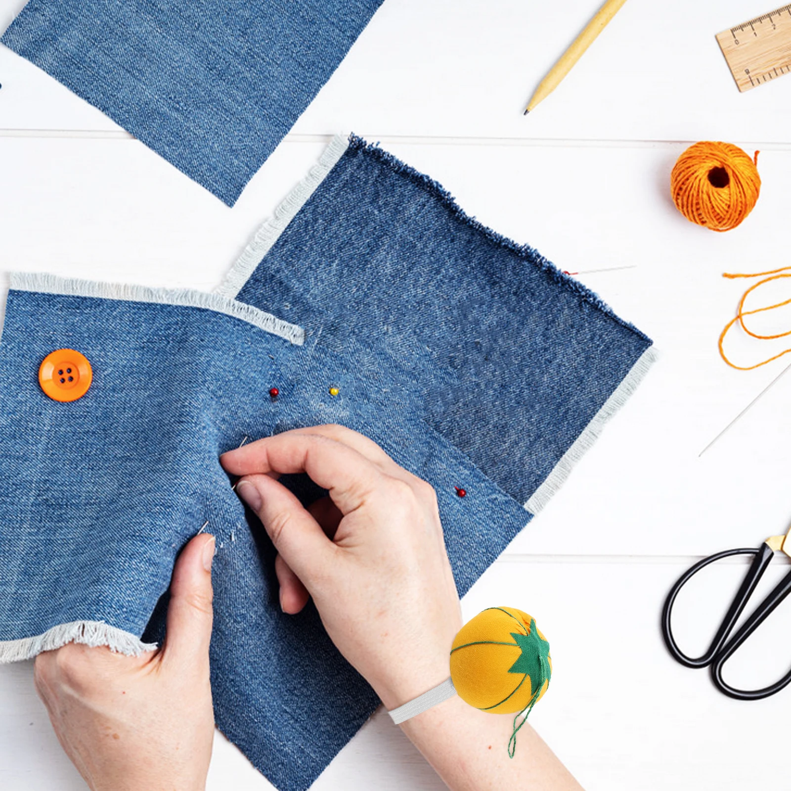 

2Pcs Pumpkin Shaped Wrist Pin Cushion Sewing Supplies Cute Needle Organizers Yellow Color Easy Storage Practical Gift