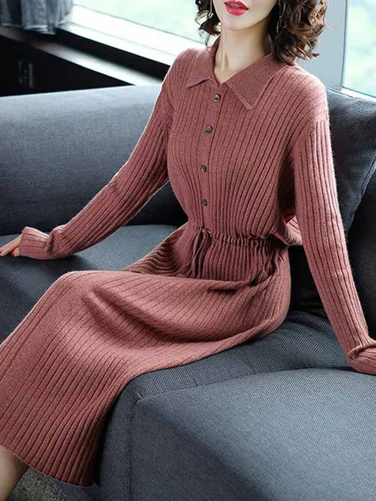 Korean Version Knitted Dress for Autumn and Winter Black Solid Color Doll Collar Waist Tuck Frenum Mid-length Sweater for Women