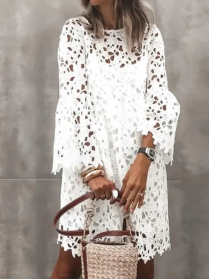 أزياء من الدانتل هوك زهرة فستان مجوف سيدة أنيقة طويلة الأكمام س الرقبة فساتين للنساء عارضة عطلة حزب تنورة الصيف جديد