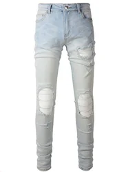 Distressed Hole Pencil Pants Men Low Waist Washed Jeans 2024 Autumn Vintage Stretch Straight Ankle Length Trousers Skinny Denims