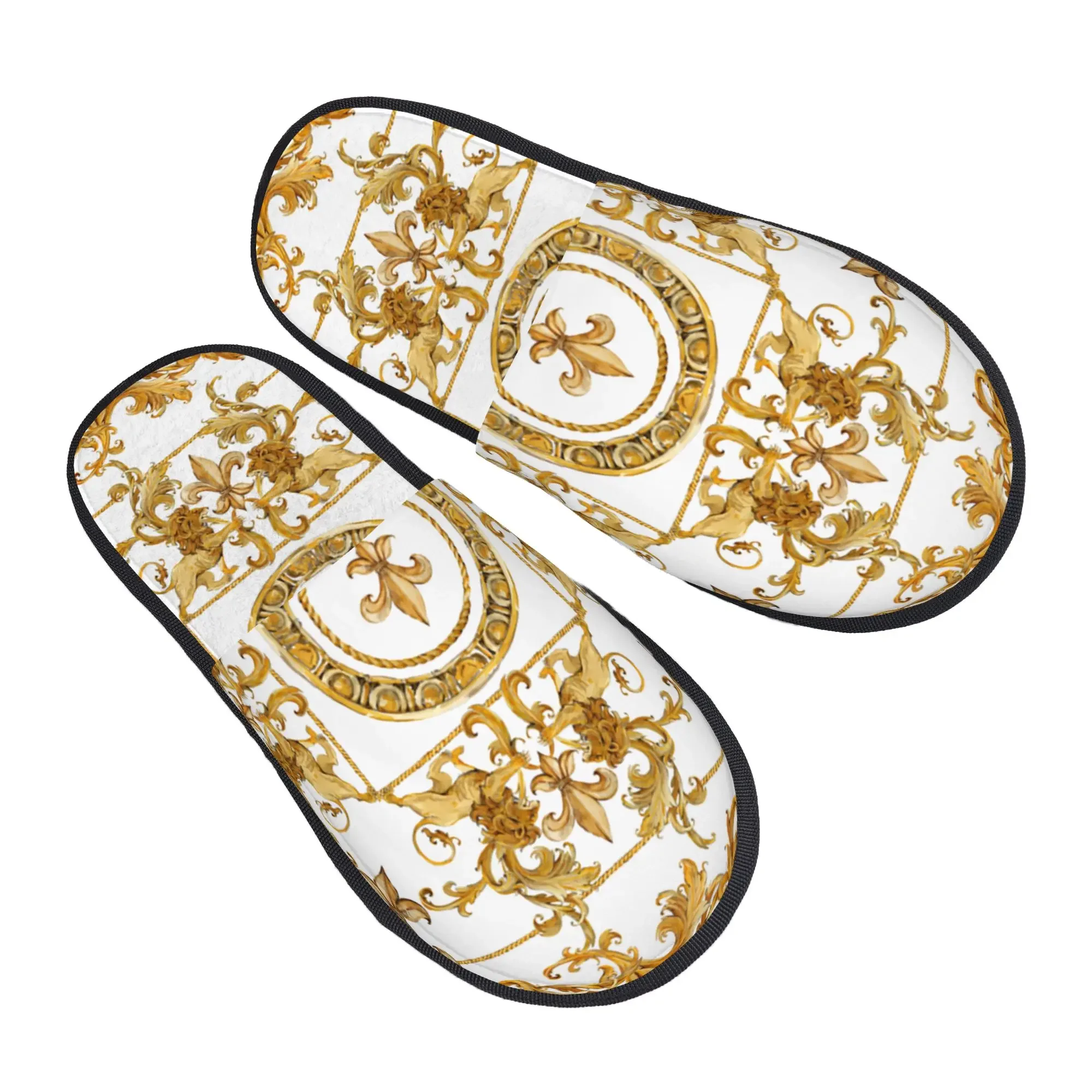 Golden Lion And Damask Ornament Women Non‑Slip Couple Family Bedroom Dorm Apartment Cotton Slippers Baroque Indoor