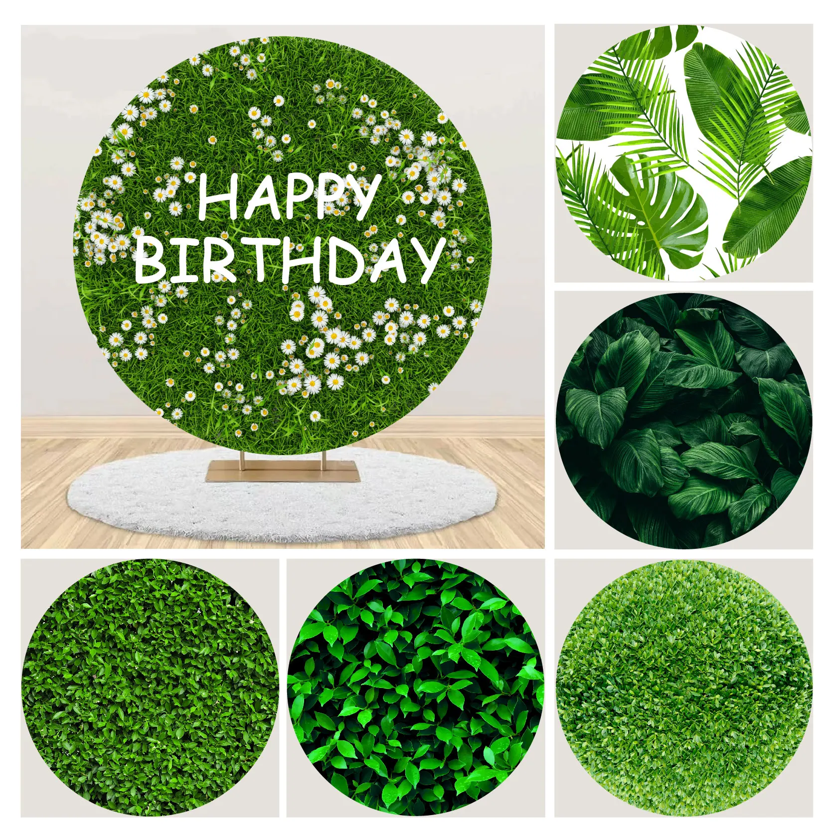 Green Grasses Wall Round Circle Backdrop Elastic Fabric Cover for Birthday Party Decoration Baby Shower Photo Background Props