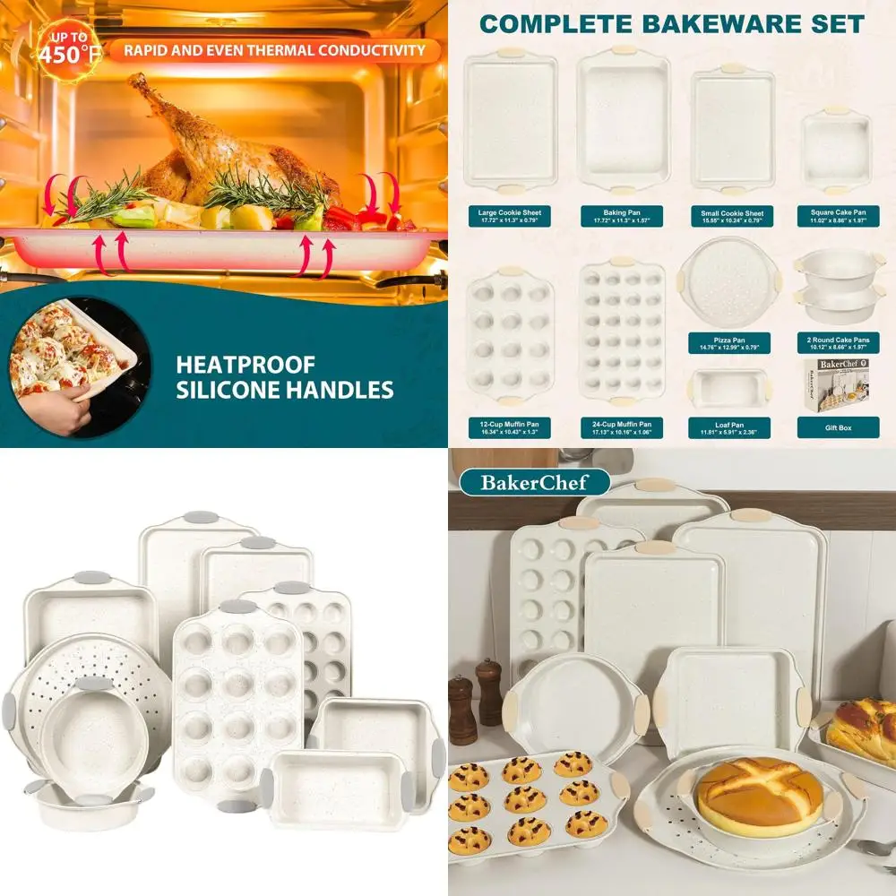 

Silicone-Handled 10-Piece Nonstick Bakeware Set, Stackable Oven-Safe, Includes Cookie Sheet, Roasting Pan, Muffin Tin in Cream