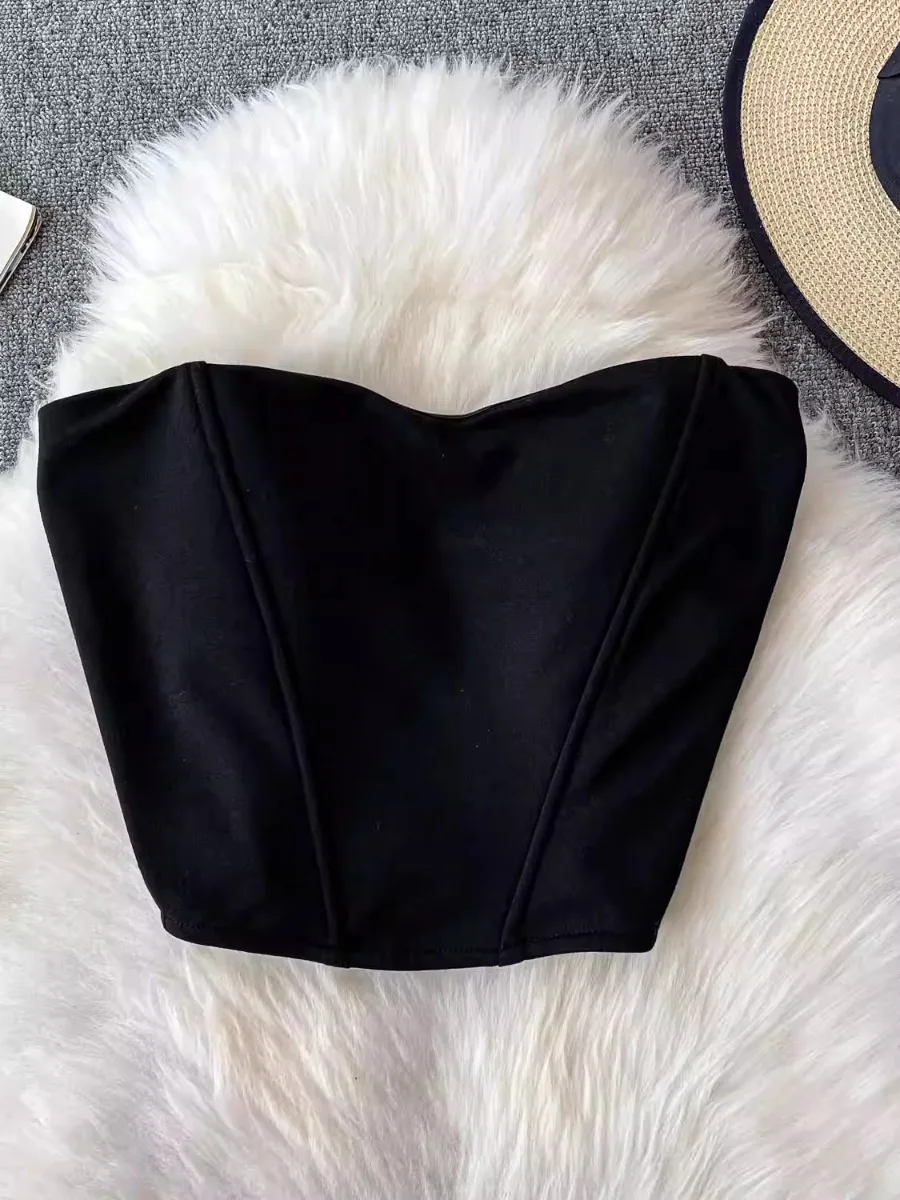 

Foamlina Padded Fishbone Black Outerwear Top Women 2025 New European Sexy Off Shoulder Bandeau Slim Fit Bustier Short Camis Vest