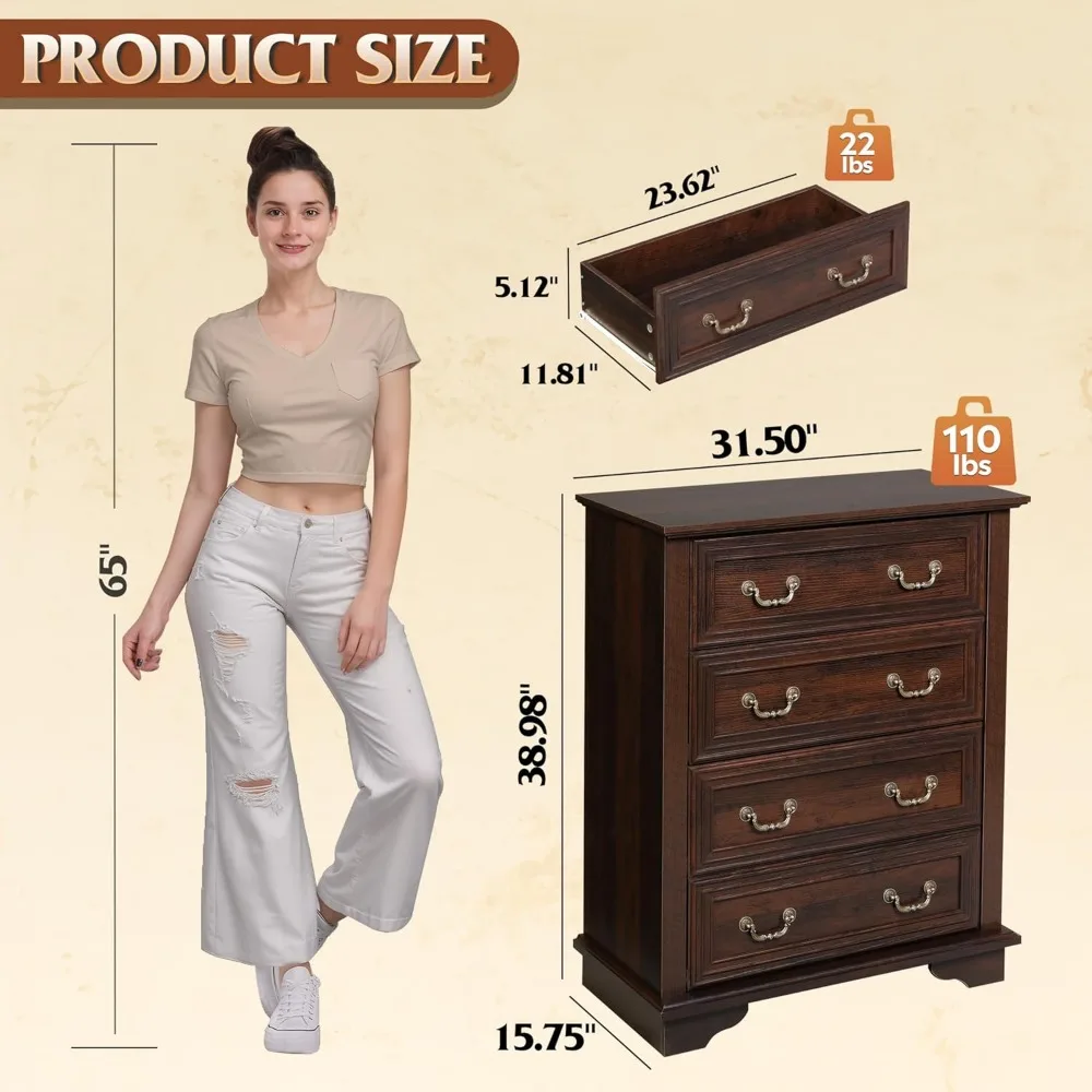 خزانة مزرعة رائعة لغرفة النوم، خزانة خشبية طويلة مع 4 أدراج، خزانة ذات أدراج بمقبض معدني روماني للمعيشة #3