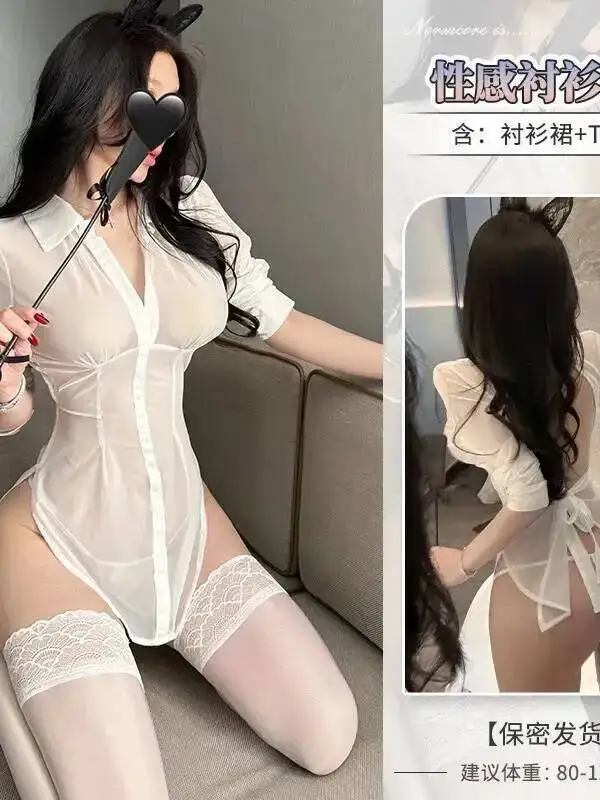 Sexy Collar Beautiful Back Deep V Lace-Up Split Secretary Transparent V -neck Long Sleeved Short Solid Color Dress Charming B373