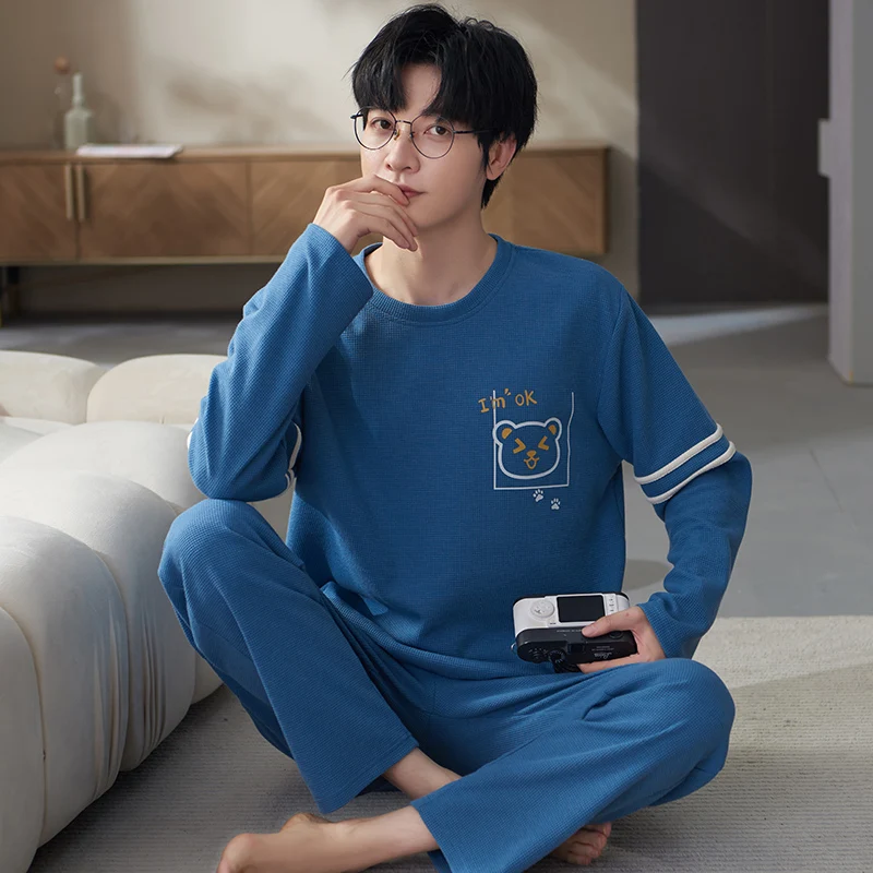 Men Pajama Sets Cotton Pijama O Collar Sleepwear Long Sleeve Spring Autumn Nightwear Male 2 Pieces Sets Home Wear