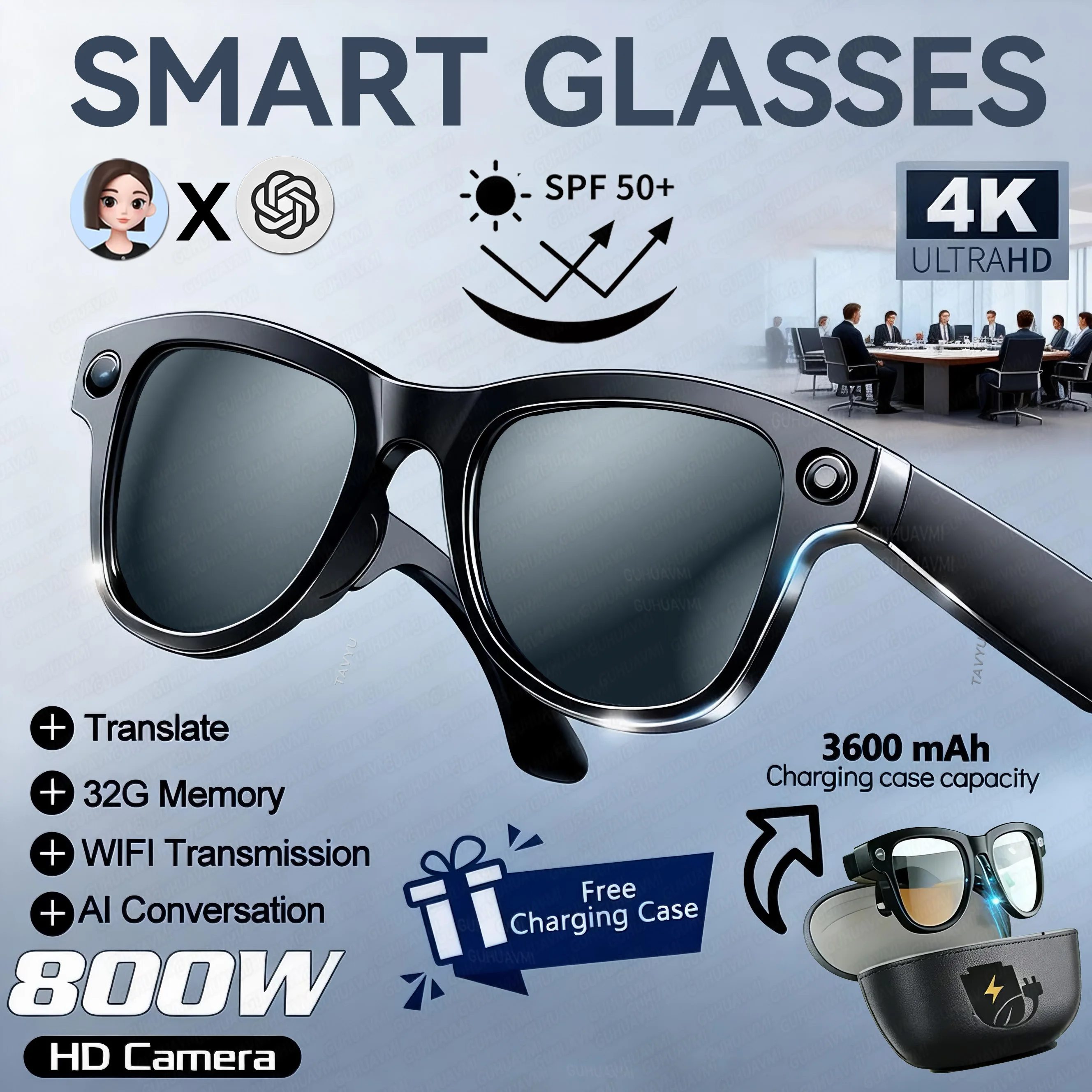 2026 Nieuwe 8MP 4K HD Camera AI Bril Heren 3600mAh Powerbank 32GB Geheugen 160+ Vertaling Bril Waterdichte Slimme Zonnebril Dames