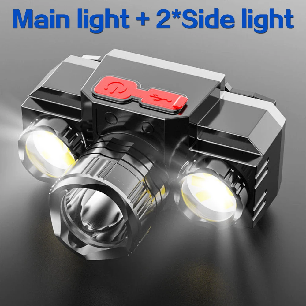 Powerful LED Headlight USB Rechargeable Headlight OSL LED + Side Lights 4 Modes Waterproof Headlight with Built-in Battery