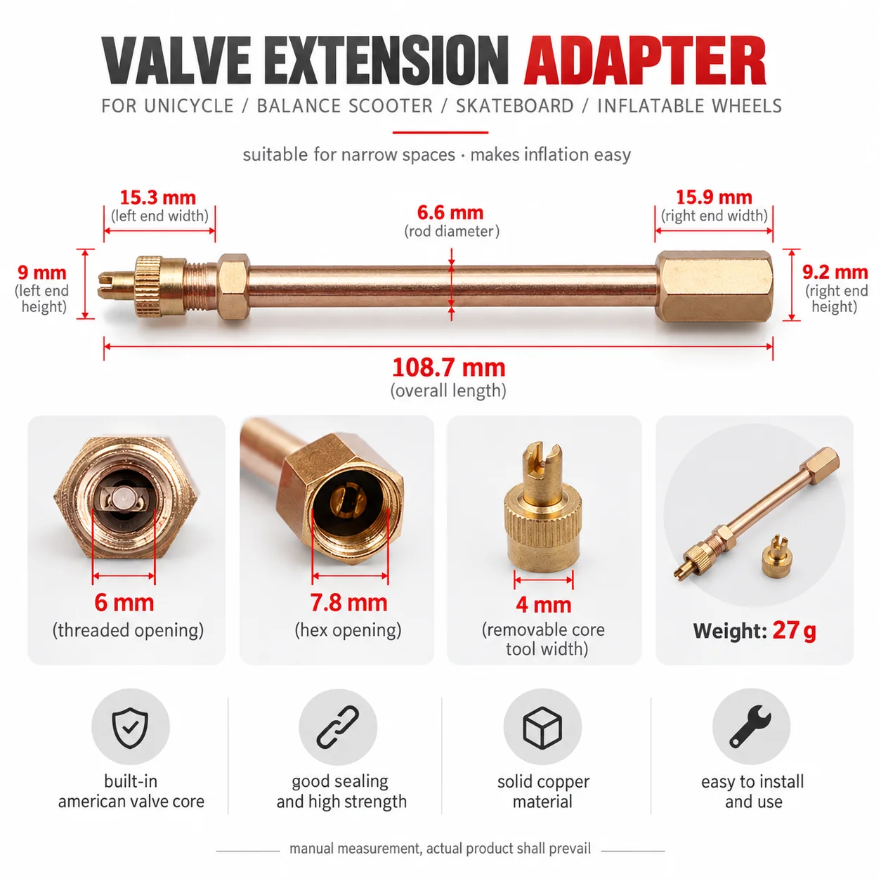 Tire Stem Extension Schrader Accessories Tool for Balance Extender Scooter Repair Truck Bike Motorcycle Unicycle Dust Caps