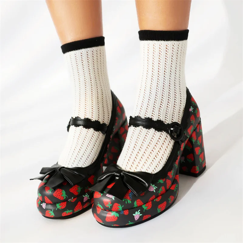 Sweet Cute Strawberry Print Pu Leather Mary Janes Shoes for Women Block High Heel Black Pink White Party Ladies Pumps Free Ship