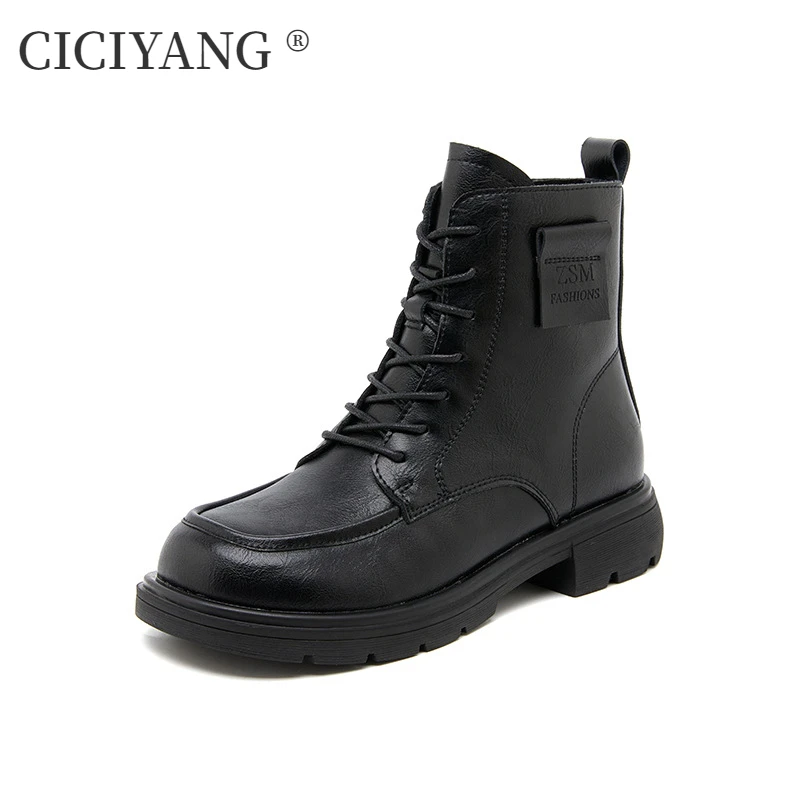 

CICIYANG Ankle Boots for Women Genuine Leather 2024 Autumn New Lace-up Marton Boots Ladies British Style Low Heel Short Boots