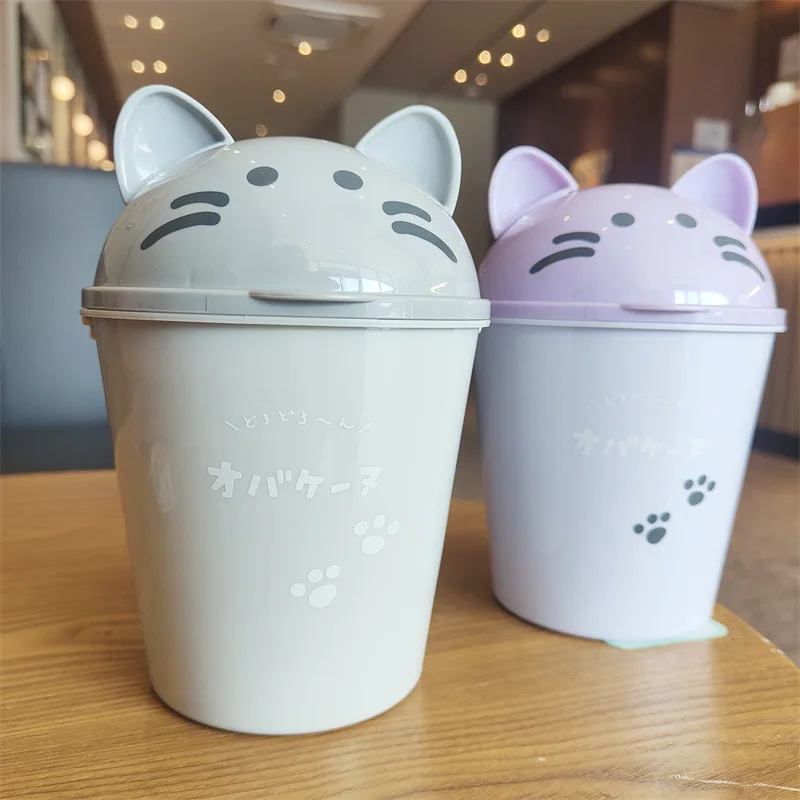 Cute Desktop Trash Can Devil Cat Shape Storage Bucket with Flip Cover Decorative Desktop Stationery Storage Bucket Students Gift