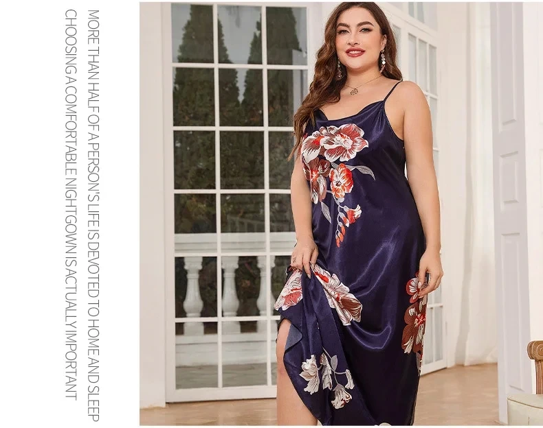 Camisón de satén de talla grande para mujer, ropa de dormir Sexy con tirantes, lencería holgada, sedosa, para estar en casa, XL-5XL