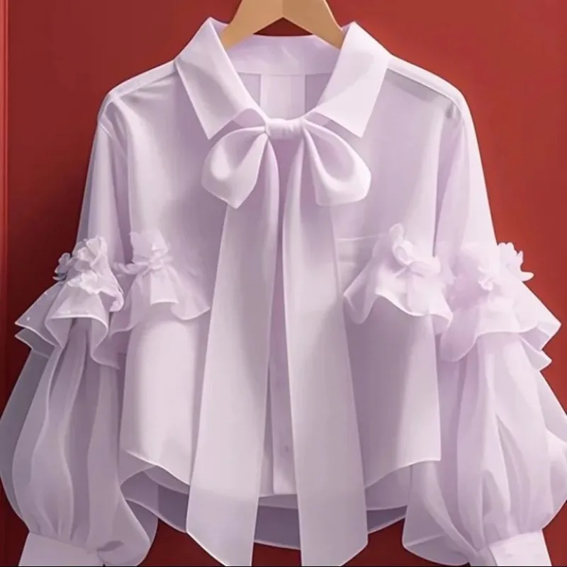 OCEANLOVE Spring Autumn Bow Blouses Solid Ruffles Vintage Sweet Women Shirts Korean Fashion Puff Sleeve Elegant Camisas