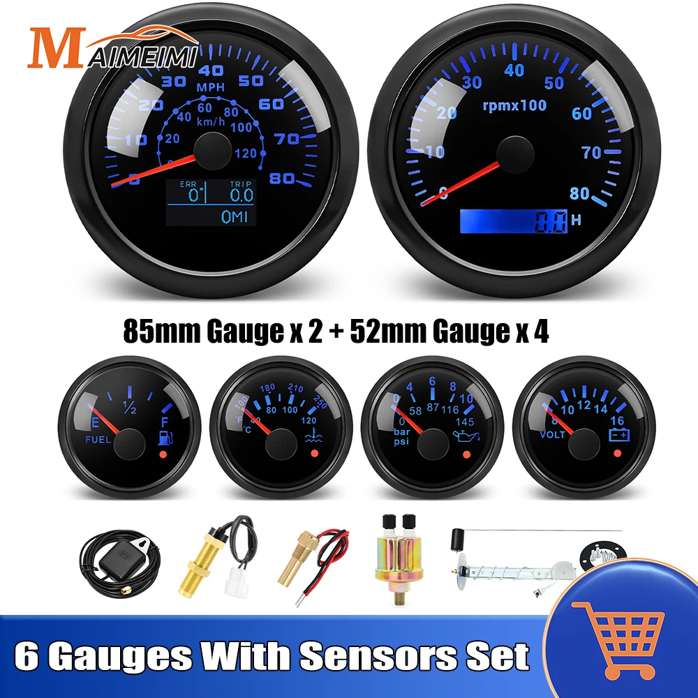 7 Color Backlight 6 Gauge Set 85mm GPS Speedometer Tachometer 52mm Water Temp Oil Pressure Fuel Voltmeter With 1/8 NPT Sensor