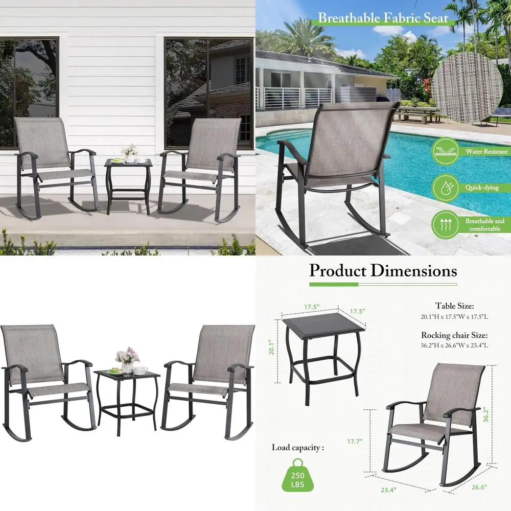 

Серый уличный комплект для бистро из 3 предметов с креслами-качалками и столом со стеклянной столешницей для балкона и веранды в небольших помещениях