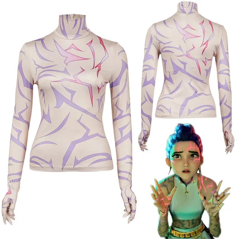 HUNTRX Rumi Jinu Cosplay Devil Tattoo Tops Costume Cartoon Demon Hunter of KPop Disguise Women Men Shirts Gloves Set Halloween - Image 2