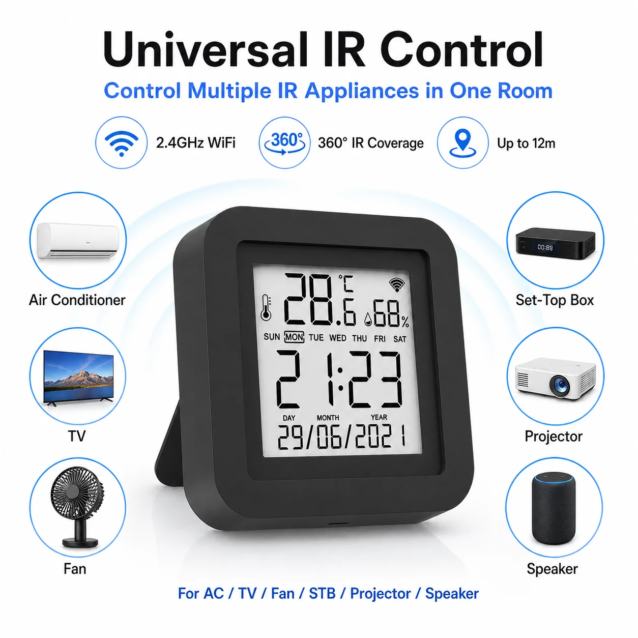 Smart WiFi IR Remote Control with Temperature Humidity Sensor IR Blaster for AC & TV Works with Alexa Google Home Tuya Smart Lif