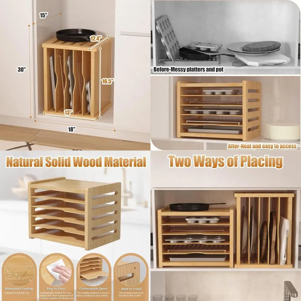 

Vertical Wooden Baking Tray Organizer with 6 Compartments for Kitchen Cabinets, Cookie Sheet Holder, and Storage for Baking Pans