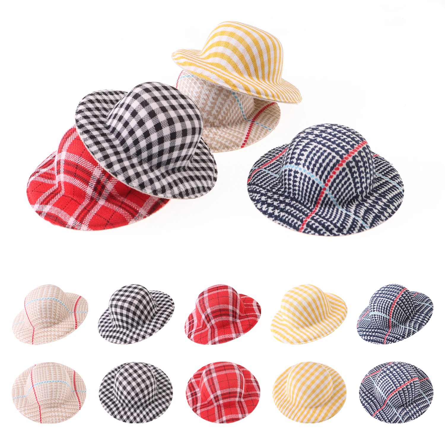 Randomly Mixed Mini Fabric Woven Hat Fashion Plaid Leopard Print Doll Decoration Hat Creative DIY Hat Decoration Accessories