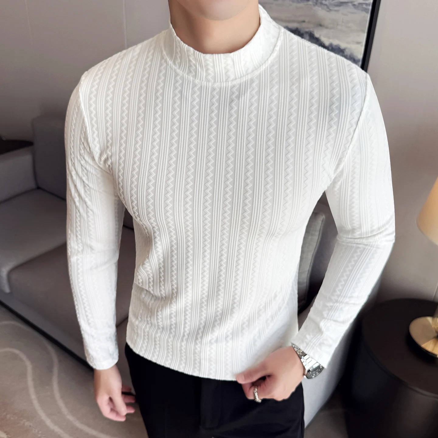 Autumn Winter Men's Half Turtleneck Long Sleeved T-shirt Striped Casual Business Base T-shirt Slim Social Streetwear Pullover