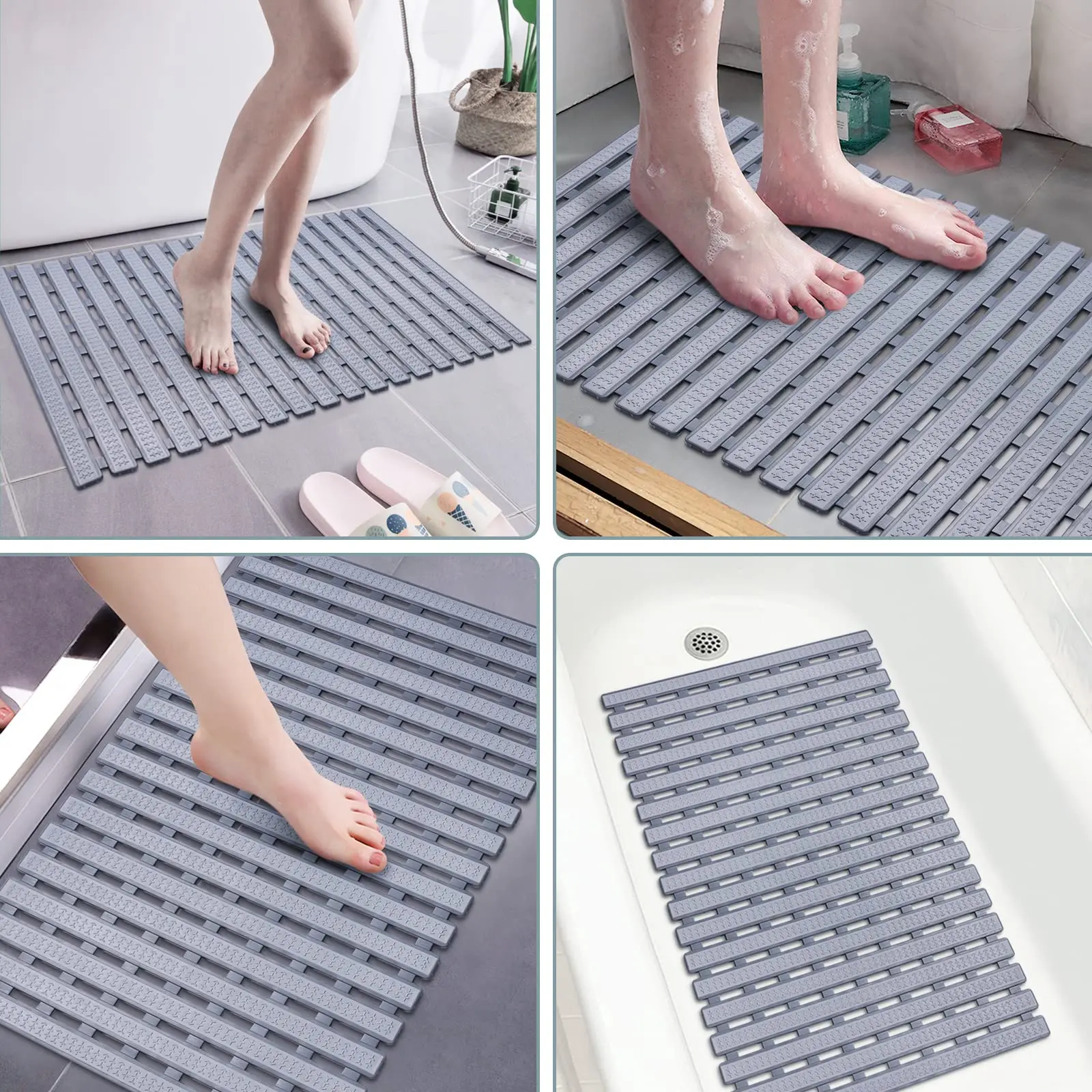 Bathroom Long Foldable Anti-Slip Mat With Suction Cup Drainage Hole Anti-Falling Shower Mat Quick-Drying, Comfortable And Stable