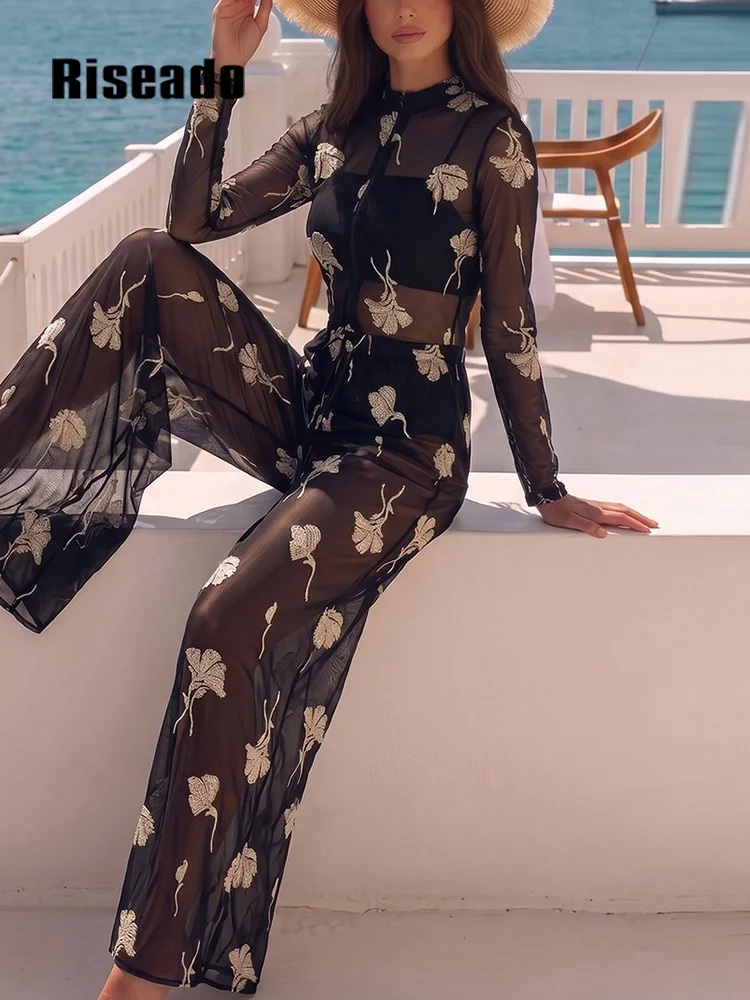 Black Mesh Swimsuit with Wide Leg Pants Long Sleeve Zip Up One Piece Gold Leaf Print Sun Protection Swimwear Women Beachwear