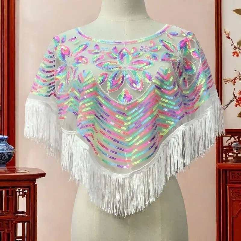 Summer new sequined mesh batman shawl fashion thin fringed blouse large size cape top sun protection
