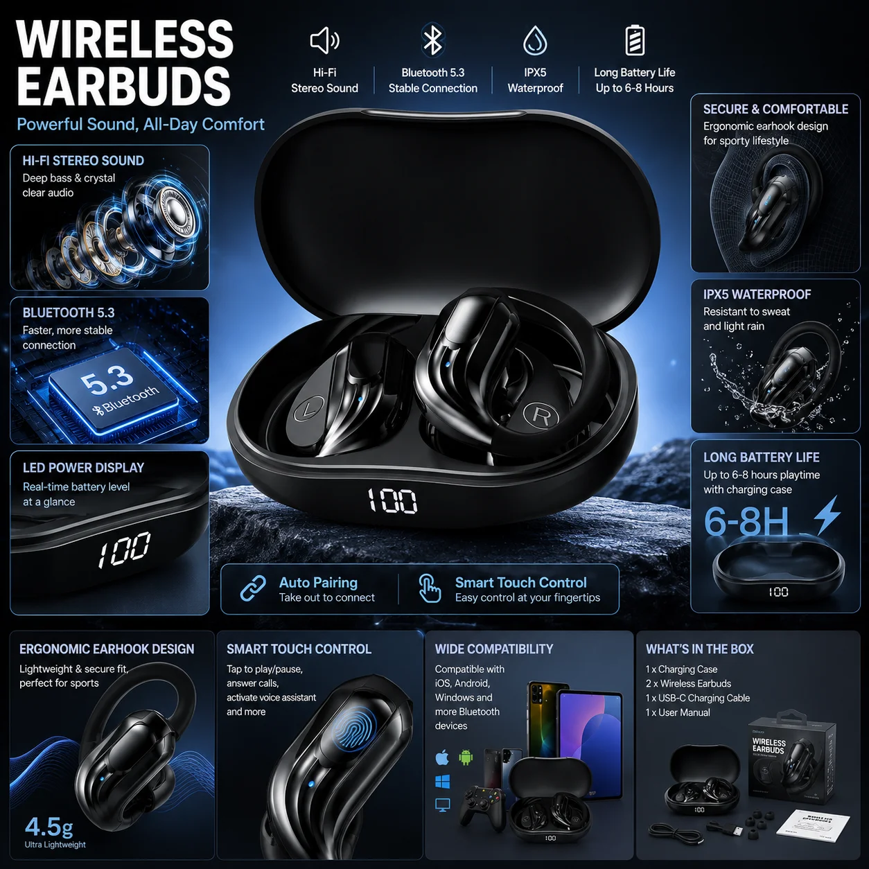 Wholesale Wireless Headphones Bluetooth 5.4 Earphones True with Mic Button Control Noise Reduction Earhooks Waterproof Headset