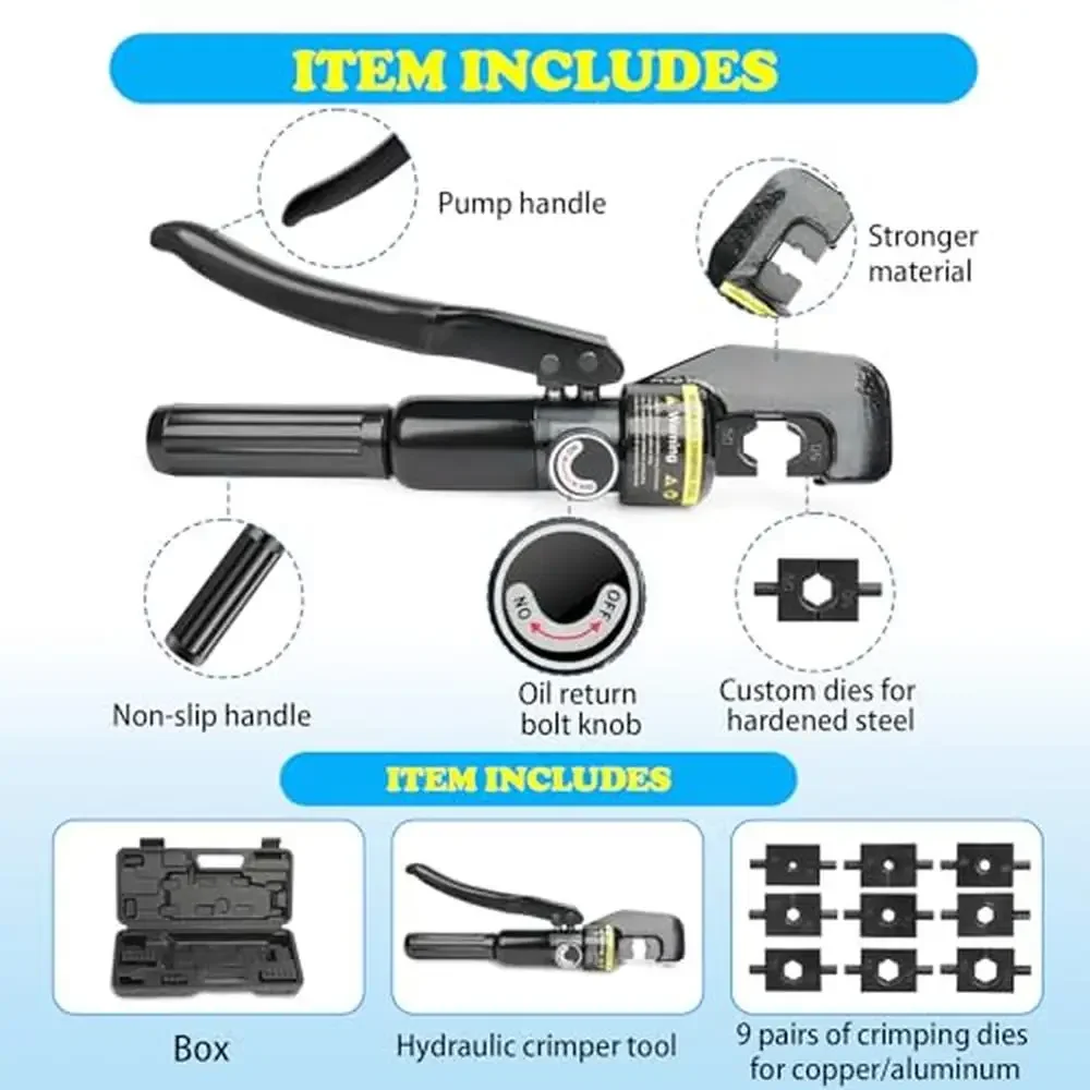 Hydraulic Crimping Tool Kit 9 Pairs Dies Crimper Cable Railing 12AWG-2/0AWG Wire Swager Kit 4-70m㎡ 58KN Crimp Force Hardened