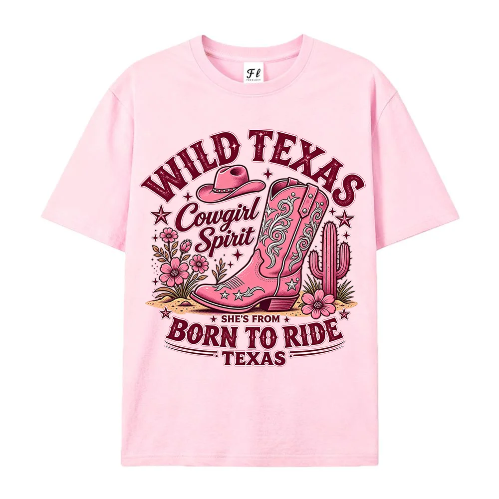 Women Western Cowgirl Spirit T Shirt Pink Cowboy Boots Cactus Wild Texas Graphic Tee Retro Rodeo Cowgirl  ﻿