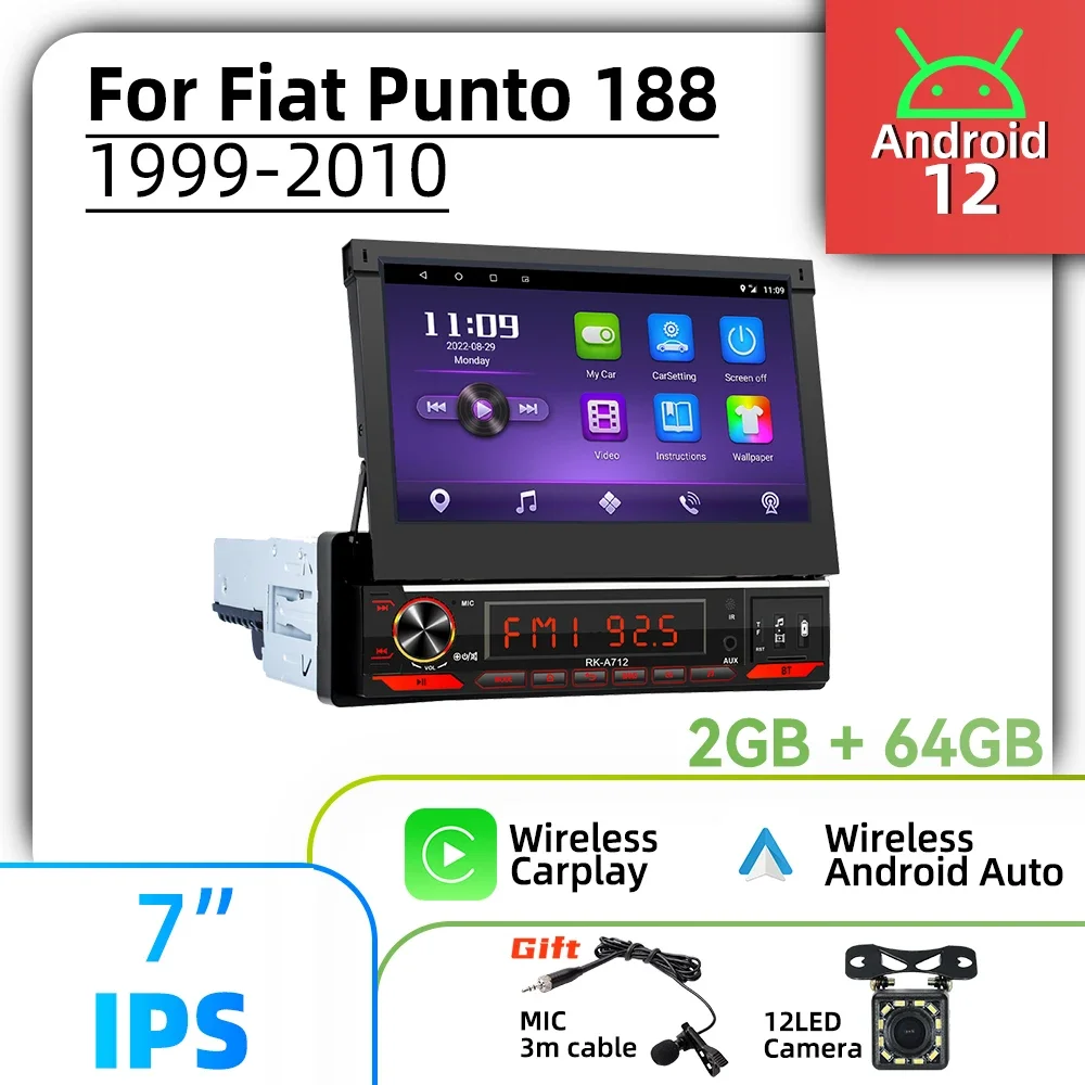 7 "شاشة قابلة للسحب 1 Din راديو أندرويد لشركة فيات بونتو 188 1999-2010 Carplay أندرويد السيارات الوسائط المتعددة ستيريو رئيس وحدة لتحديد المواقع