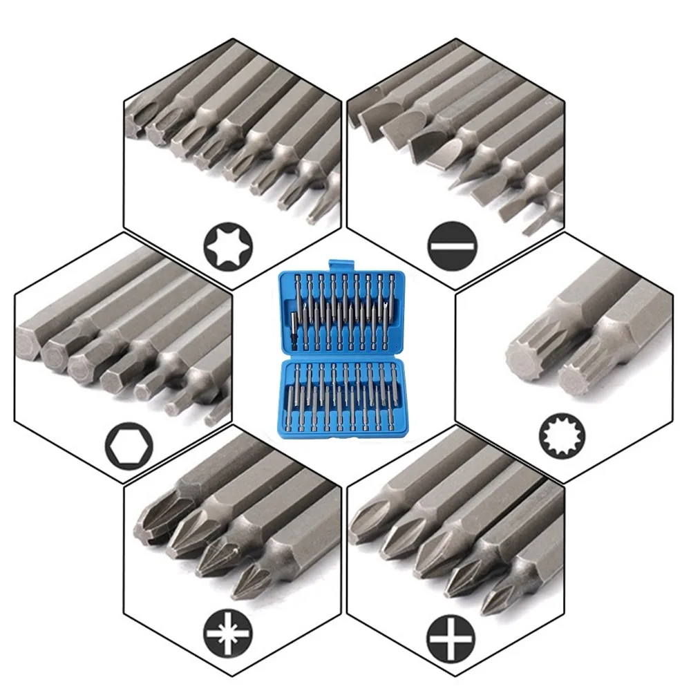 Krachtige 36Pcs 1/4 Screwdriver Bits Kit 75mm Extra Long Magnetic Screwdriver Bit Set Torx Star Hex Spline Bit