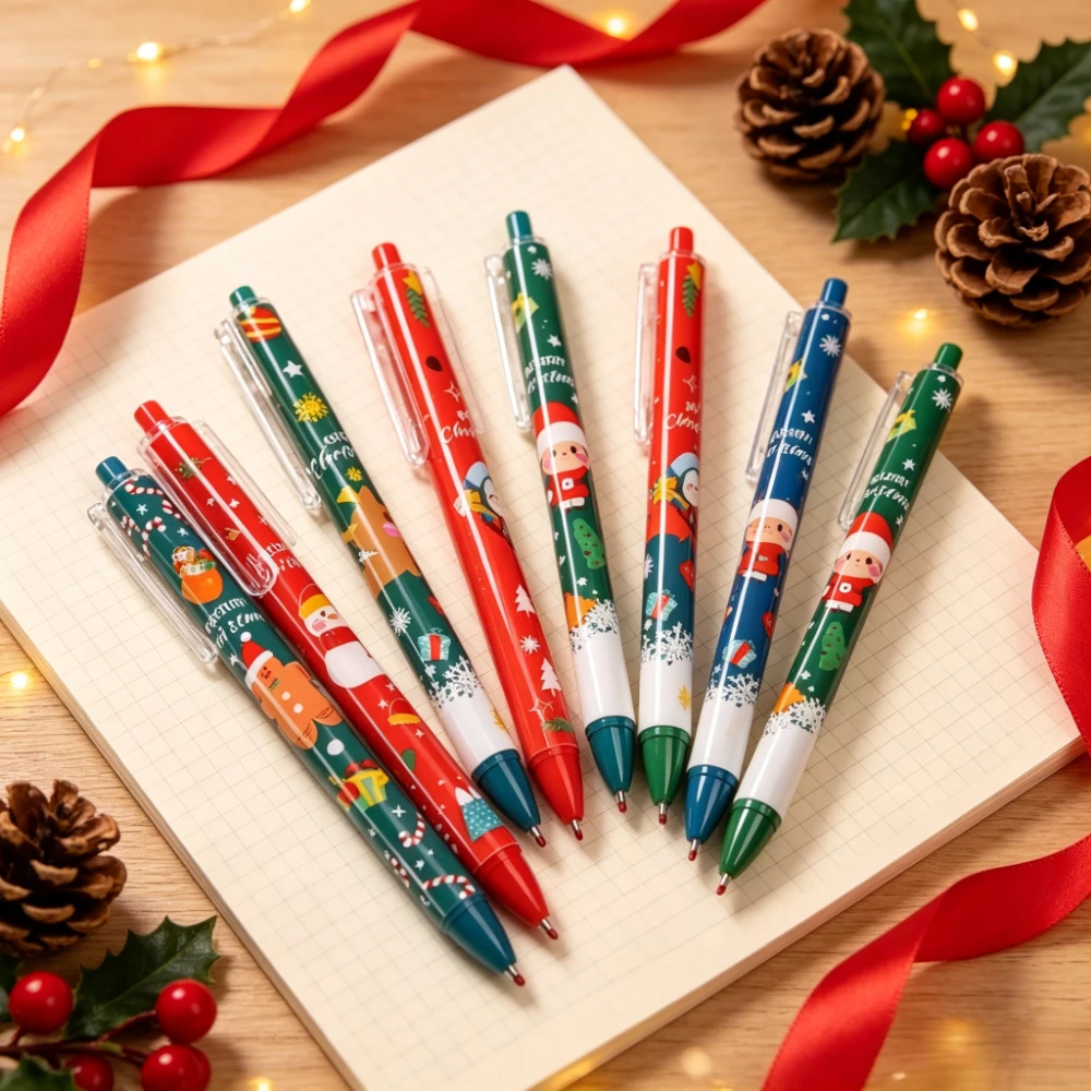 12pcs Christmas Cartoon Press Down Ballpoint Pens 0.5mm Retractable Writing Pens with Santa Reindeer Snowman Printed for School
