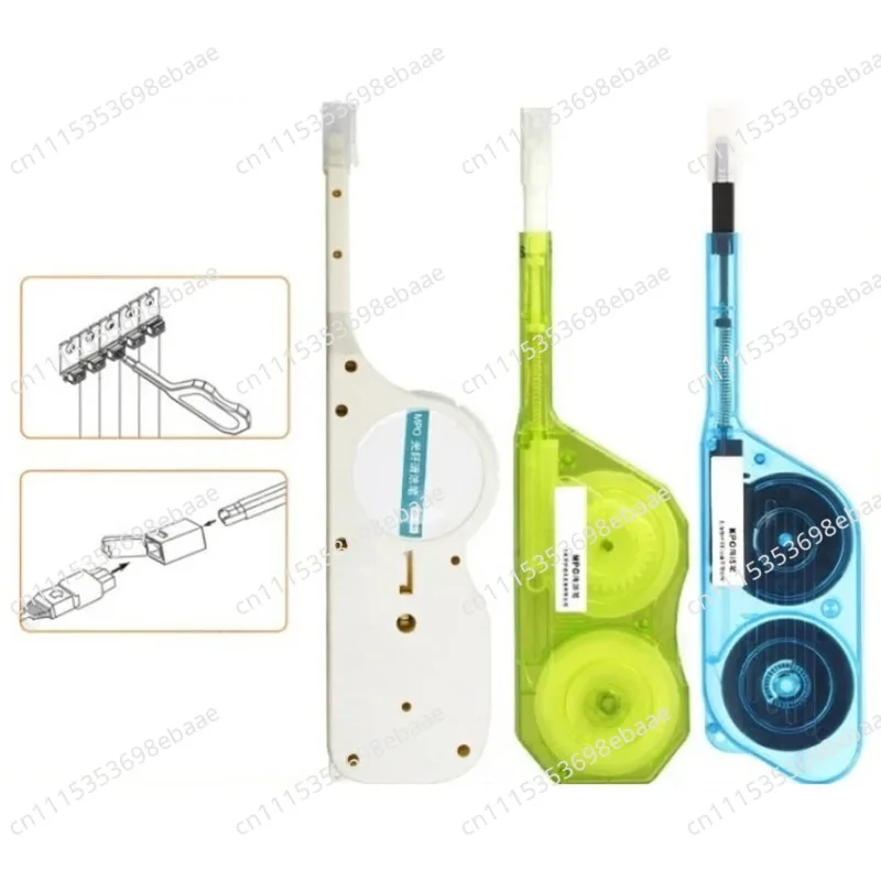 MPO fiber optic cleaner with one-button cleaning pen, 12-pin connector, ferrule end face interface, jumper, and pigtail.