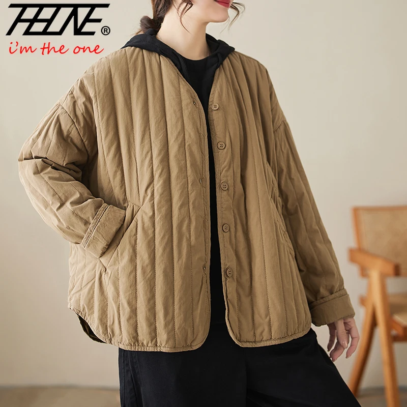 THHONE Autumn Winter New 2024 Jacket Women Coat Parkas Padded Vintage Korean Style Loose Solid Warm Casual V-neck Top Outerwear