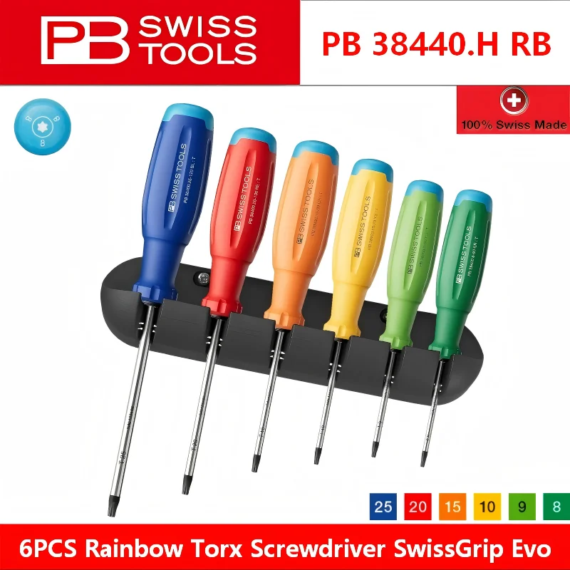 PB Swiss Tools 6PCS Rainbow Torx Screwdriver SwissGrip Evo No Cam Out Wall Mount Workshop Repair Tool PB 38440.H RB