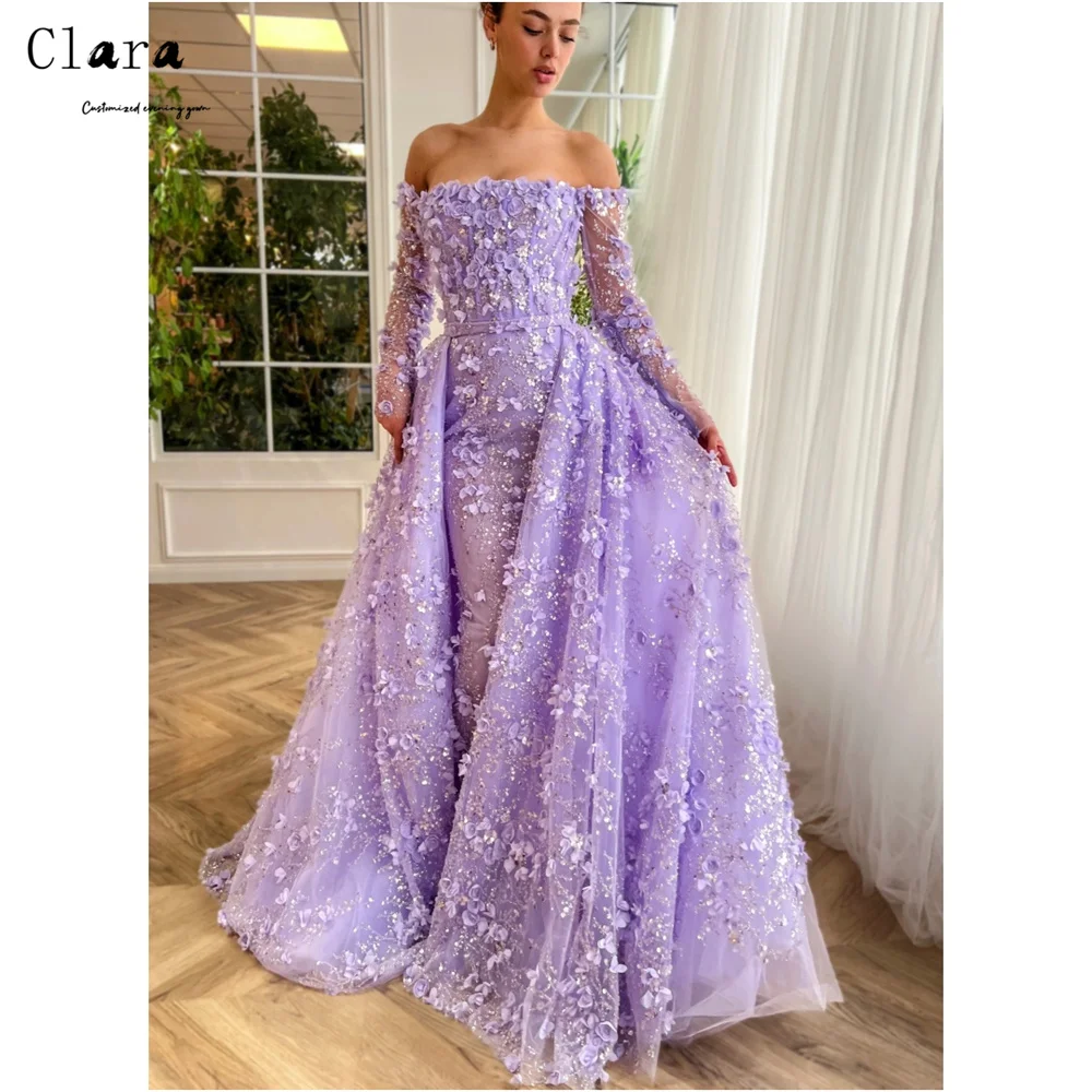 Clara Custom Lila Blume A-Linie Schulterfreie Abendkleider Damen Hochzeitsgastkleider Luxus 2025, für Party-Abschlussballkleid