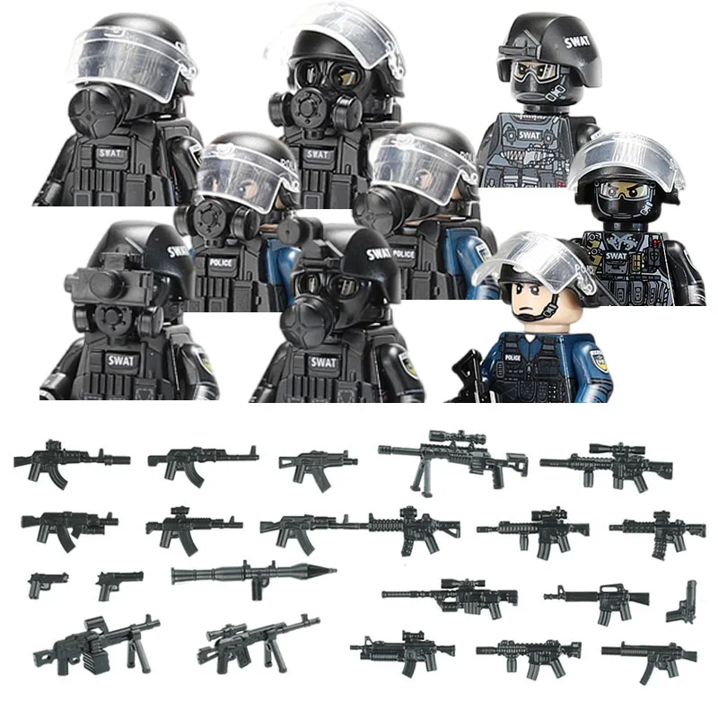 

China Special Forces City Police Soldier SWAT Figures Gas Defense Mask Building Blocks Military Weapons Bricks Children Toys