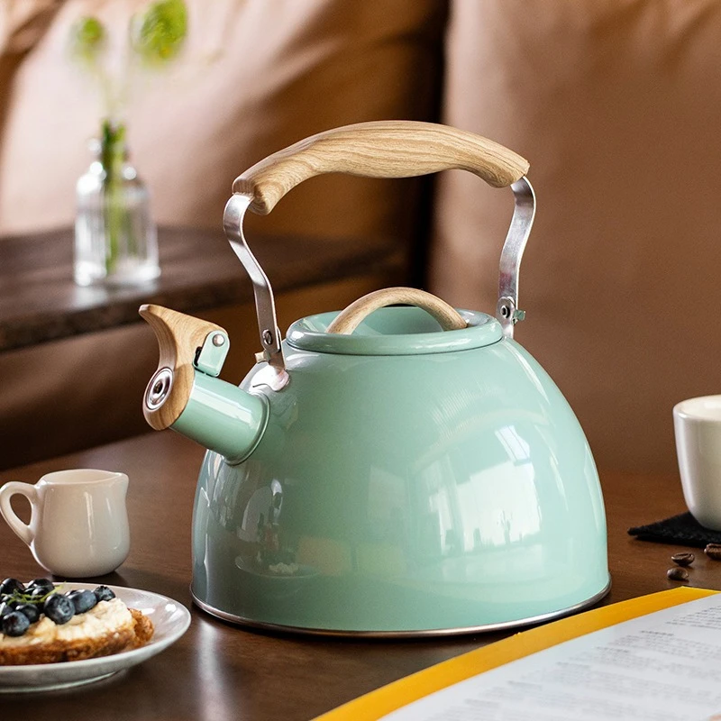 Light green folding handle whistle kettle Amazon whistle pot European and American exquisite 3L ringing kettle flat bottom