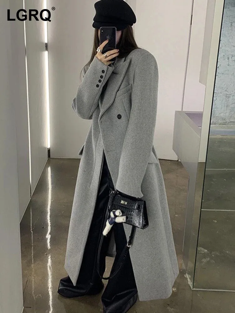 

LGRQ Womenn's Minimalist Woolen Coat Lapel Double Breasted High Waist Long Sleeve Elegant Coats Female Autumn 2024 New 19ZZ1636