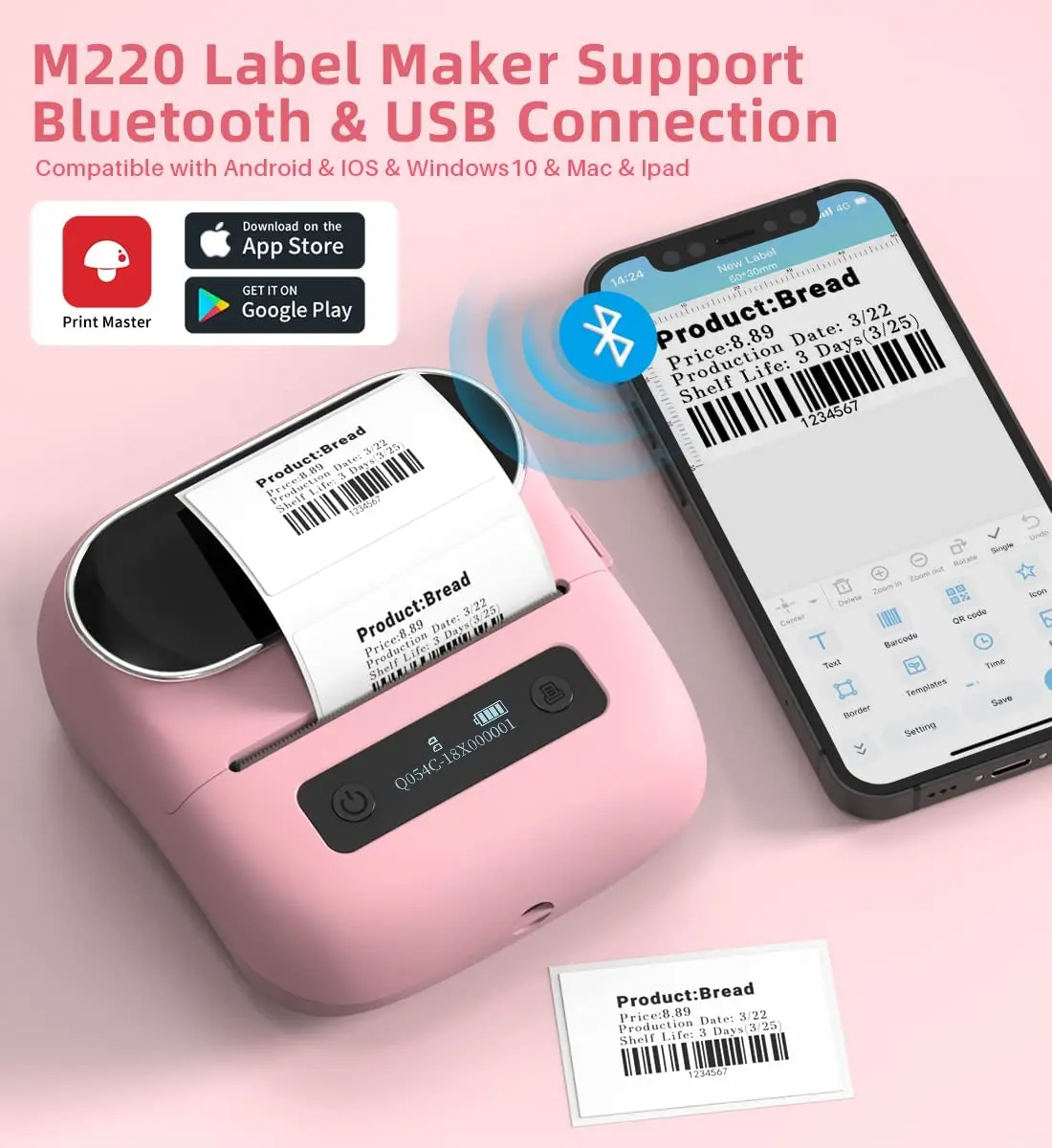 Phomemo M220 Label Printer 80mm Width Printing Sticker Printer Bluetooth Label Maker Machine Compatible with Phone and PC Pad