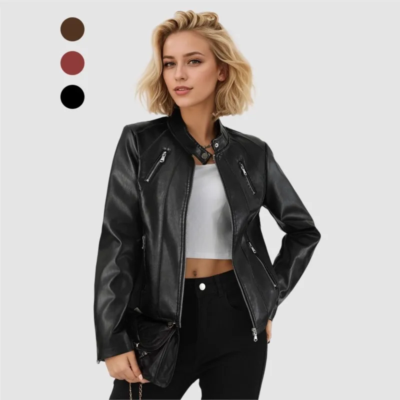 

Fashionable stand up collar zipper long sleeved slim fit solid leather jacket for spring/autumn women's temperament elegant coat