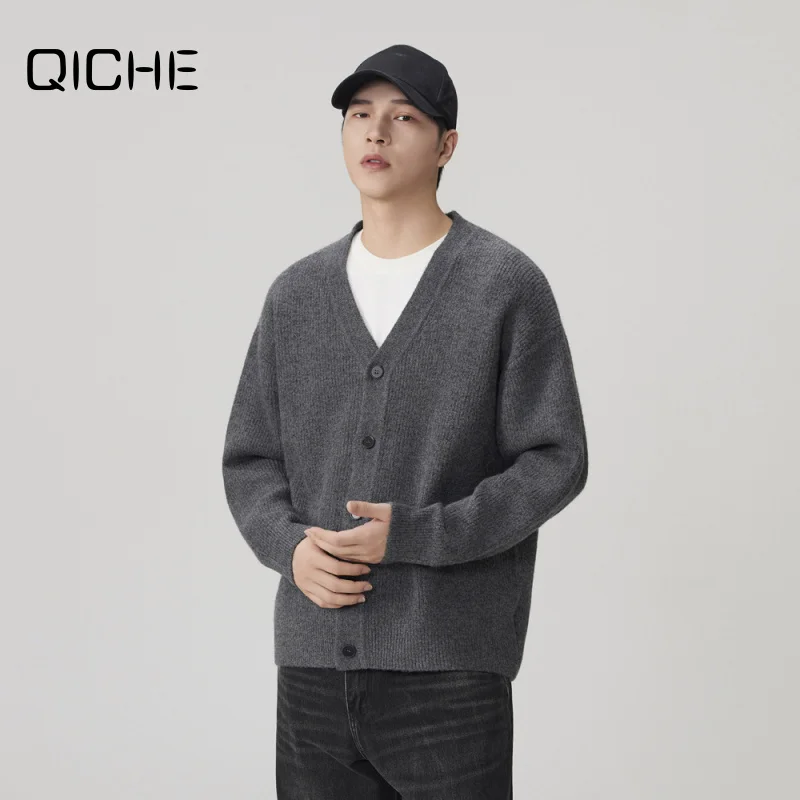 QICHE 2026 Nouveau cardigan en maille épaisse pour homme, pull d'automne décontracté à col en V, en fil teint, ample, polyvalent et tendance, vêtement d'extérieur