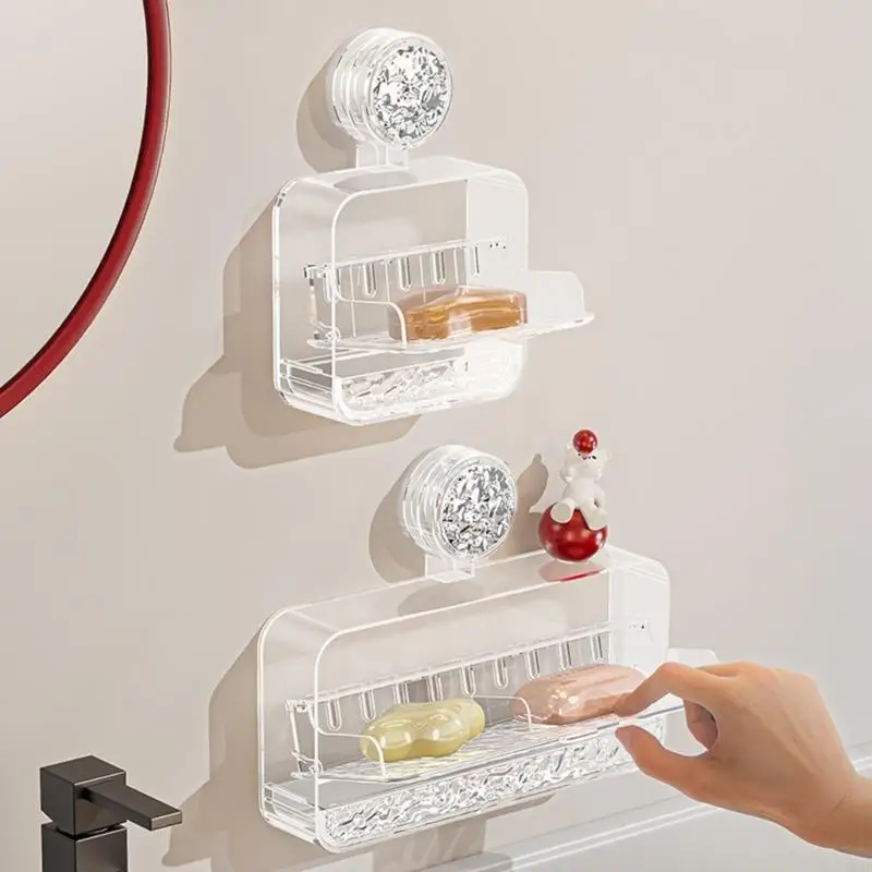 

Strong Suction Wall Mount Soap Dish Holder Without Drill Bathroom Organizers With Drain Holes ABS for Wet Area B03E