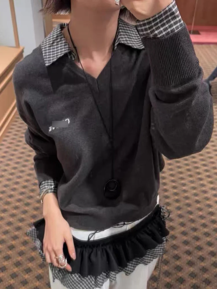 

Korean Sle Loose Knitted irt Collar Sweater Detachable Patchwork Layering Top Women's Commute Sle Long Sve Wool Blend